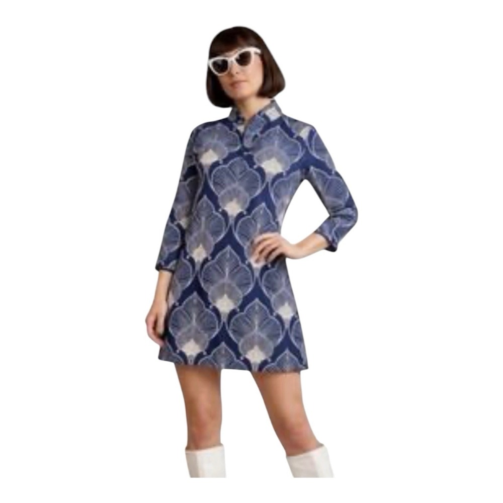 J McLaughlin Size Small Shirt Dress Mock Neck‎ Neo Tangier Cotton Pockets Blue